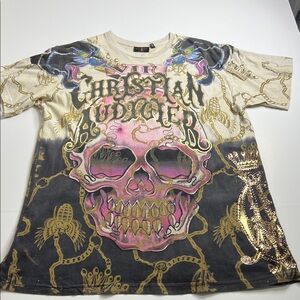 Christian Audigier Kids Skull Graphic Tee - Pink and Gold